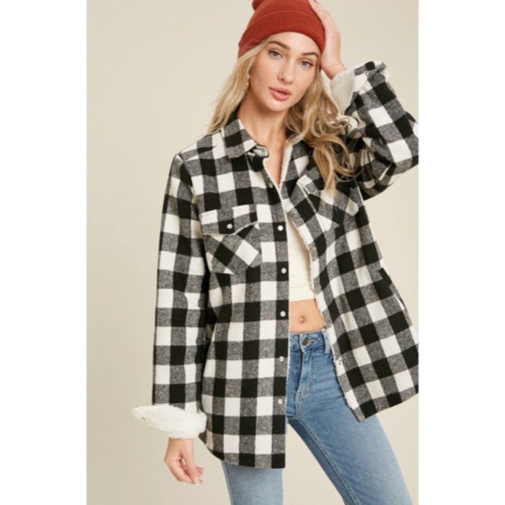 Black Buffalo Plaid Sherpa Lined Shacket Shirt Jacket - Picture 2 of 6